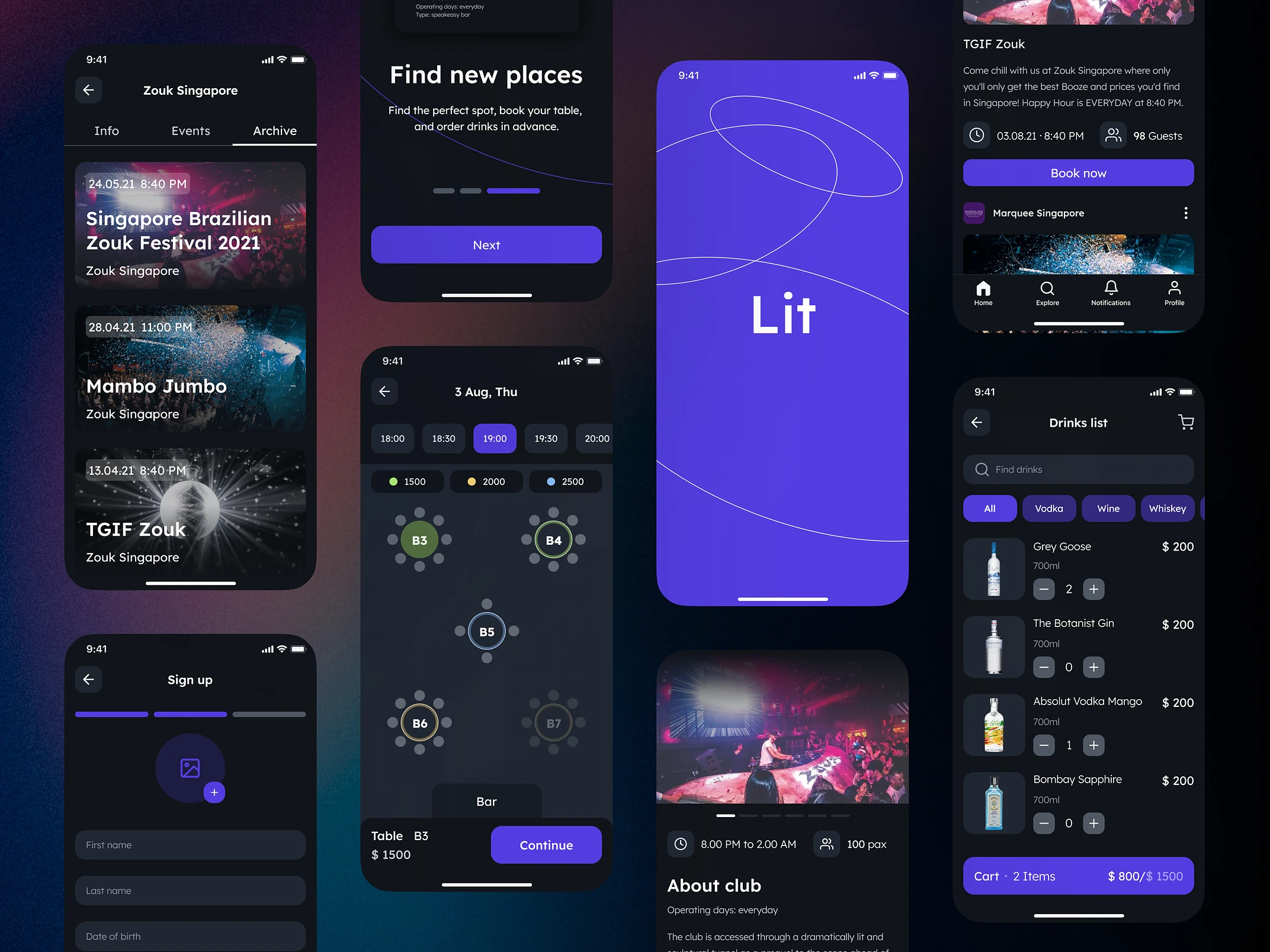 Lit app screens — event page, venue and booking