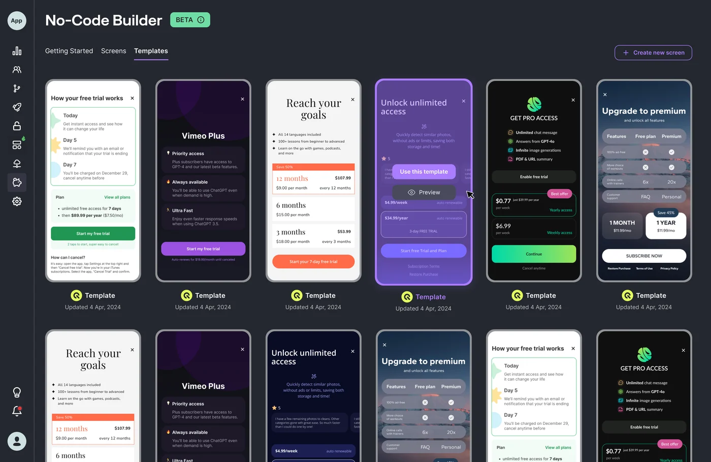 The redesigned template gallery in the light theme: the Templates tab of the builder with a grid of paywall templates.
