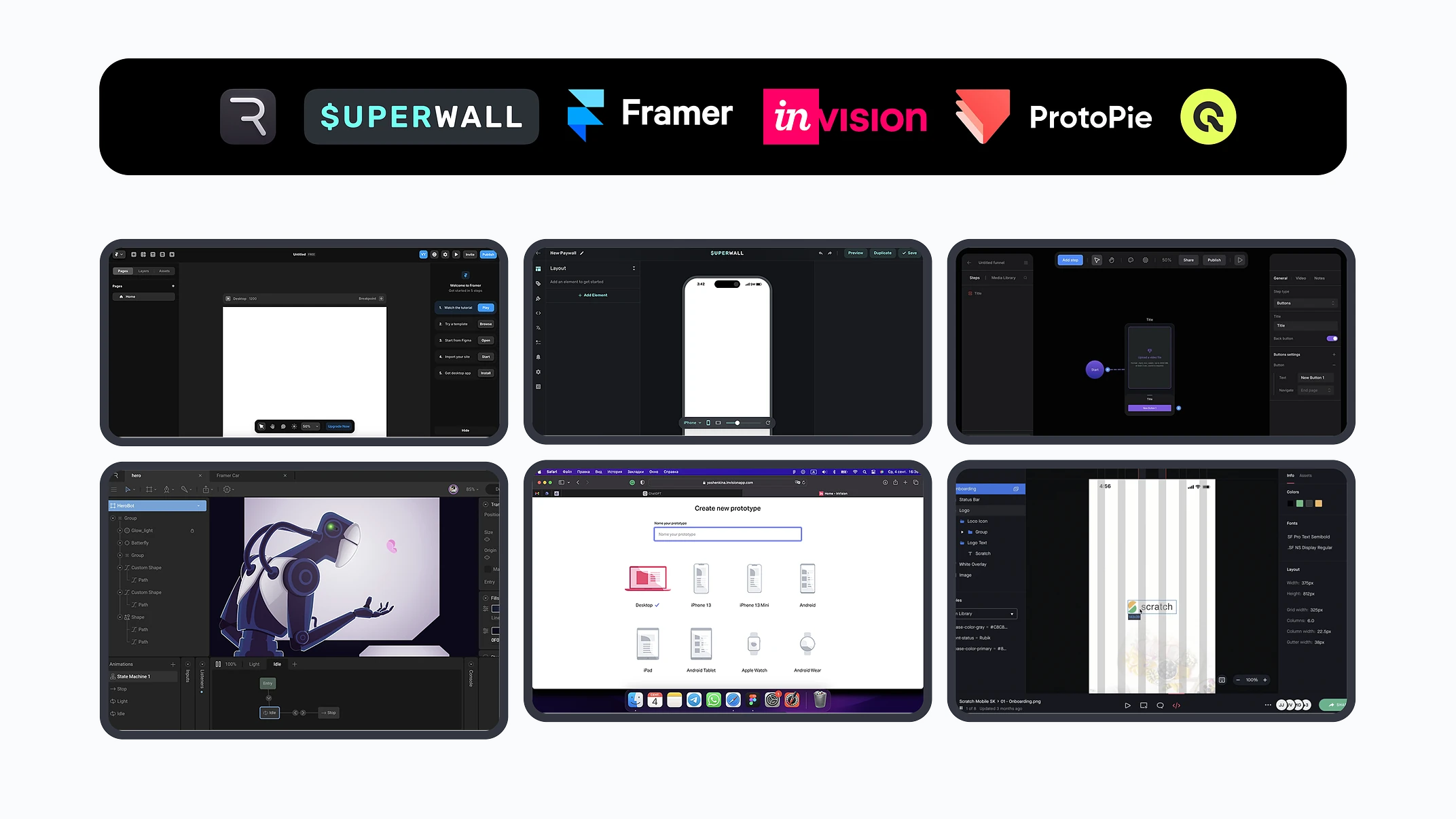 Competitor teardown: Superwall, Framer, InVision, ProtoPie and other builders, their interfaces side by side.