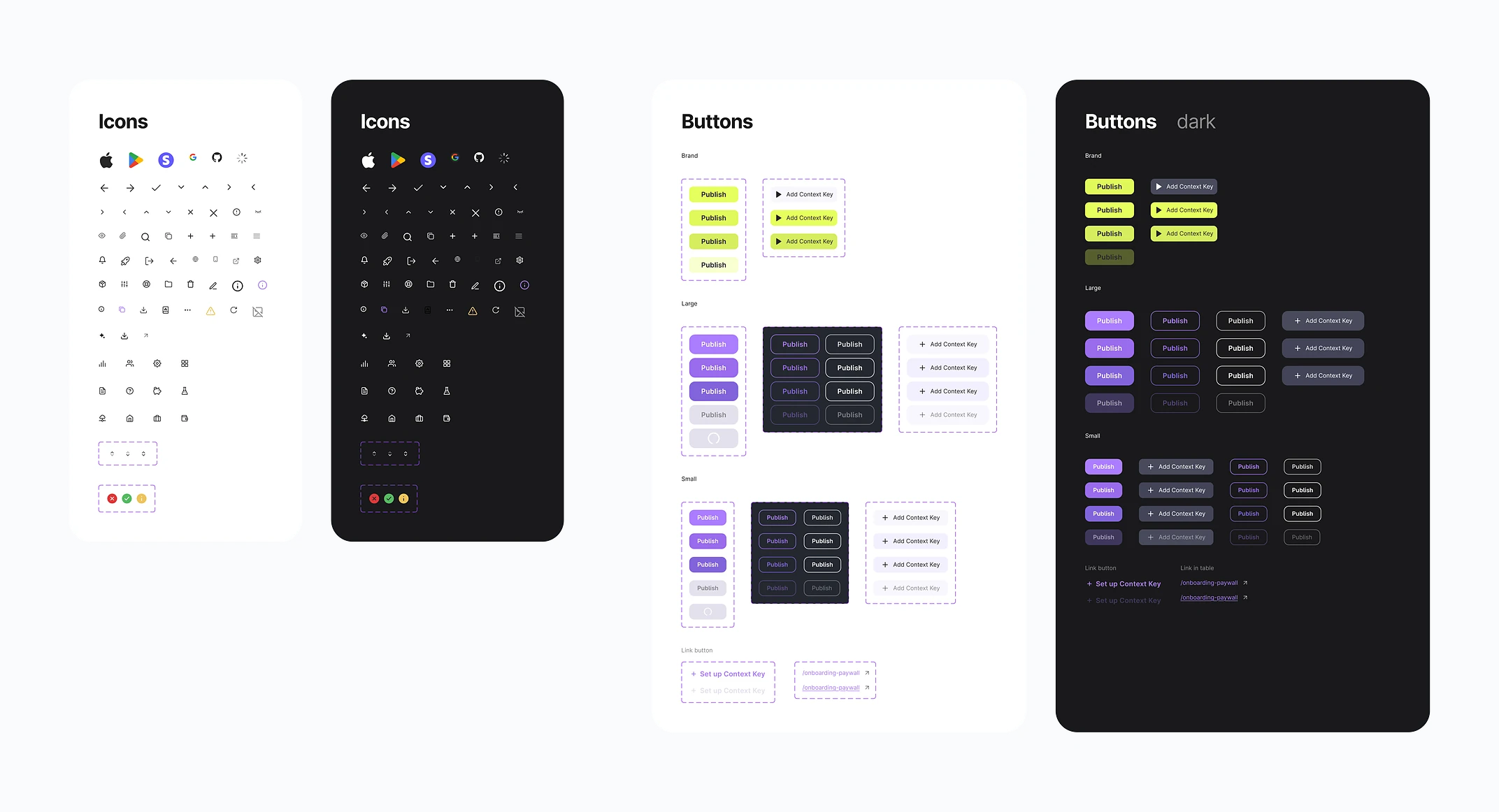 The design system: components with all their variants and states in the light and dark themes.