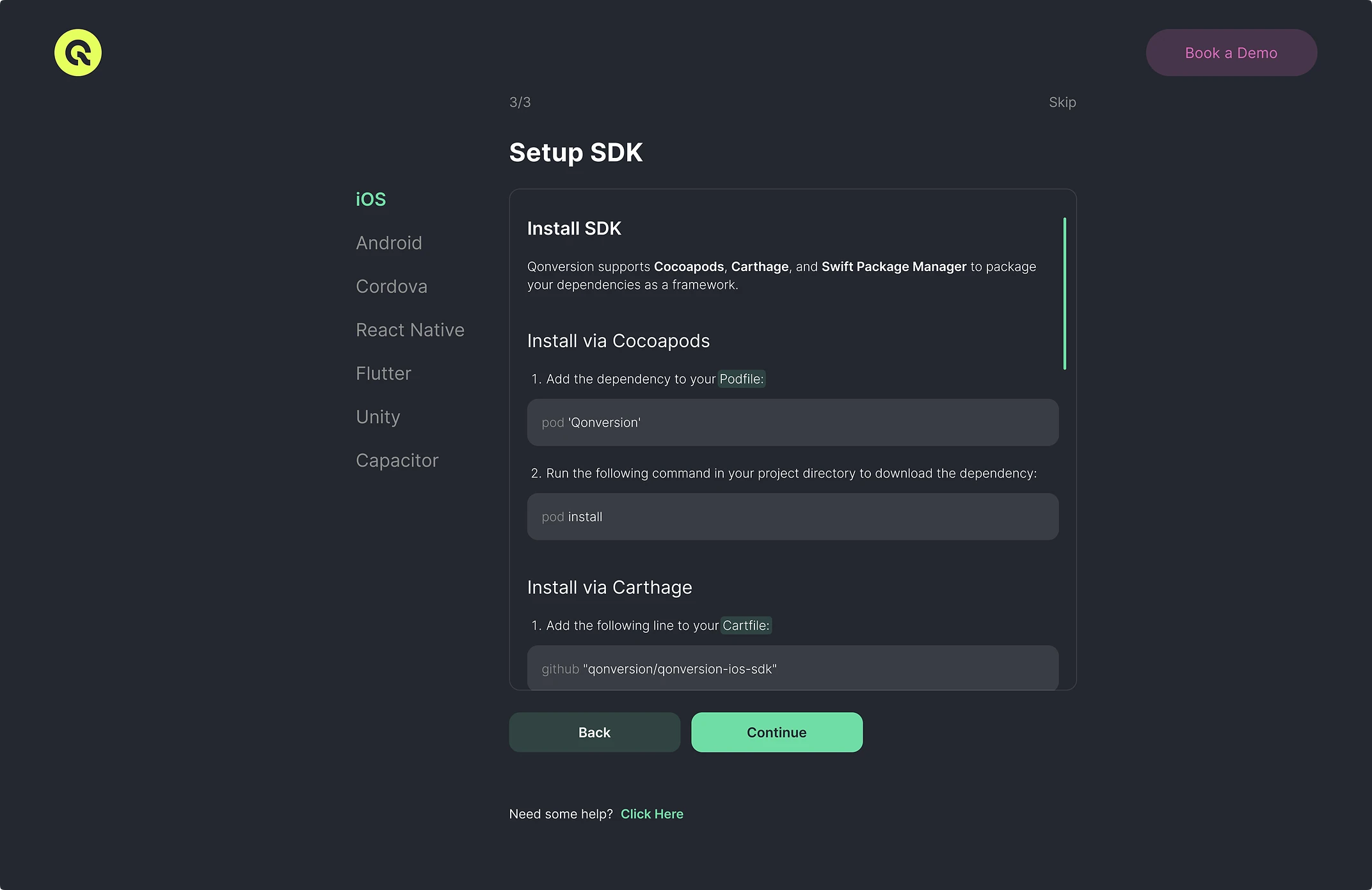 Setup step for installing the SDK with platform tabs for iOS, Android, Cordova, React Native, Flutter, Unity and Capacitor, and code snippets for each.