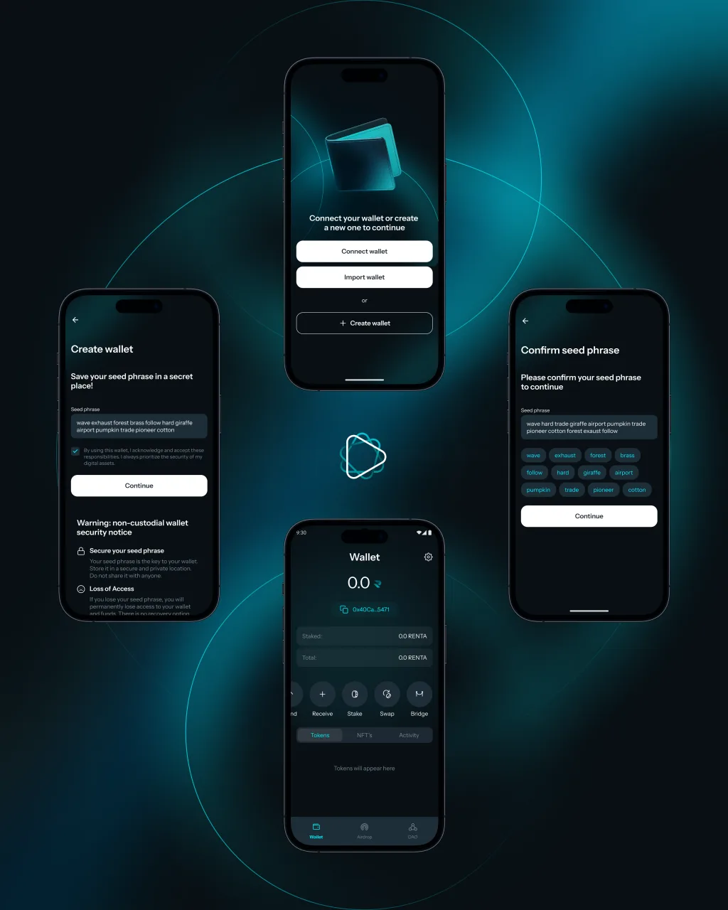 Create-wallet and seed-phrase flow shown on phone screens.
