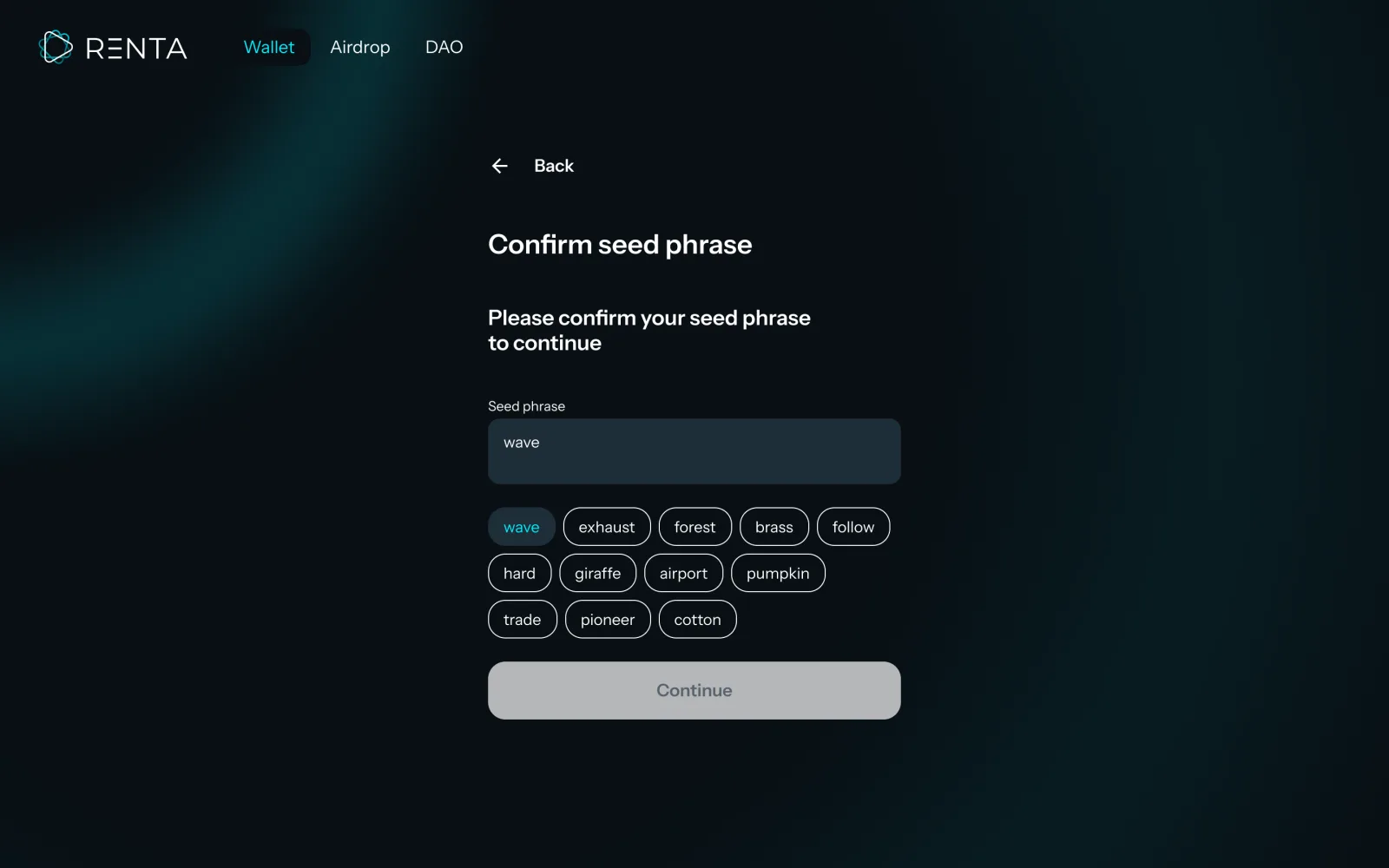 Renta Network, creating a wallet in dark theme, desktop.